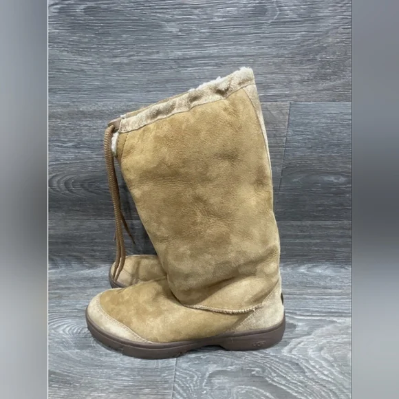 UGG vintage brown tan leather tall Drawatring boots sheepskin Platform Sherpa 9 - Picture 8 of 12